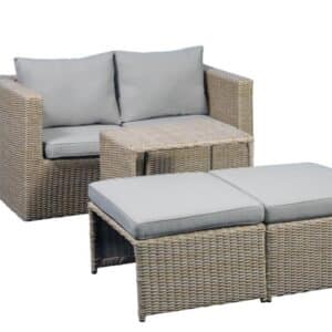 Modul udendørs loungesæt, m. 1 sofa, 1 bord, 2 skamler, beige stofhynder – brun pe flet (sæt med 5)